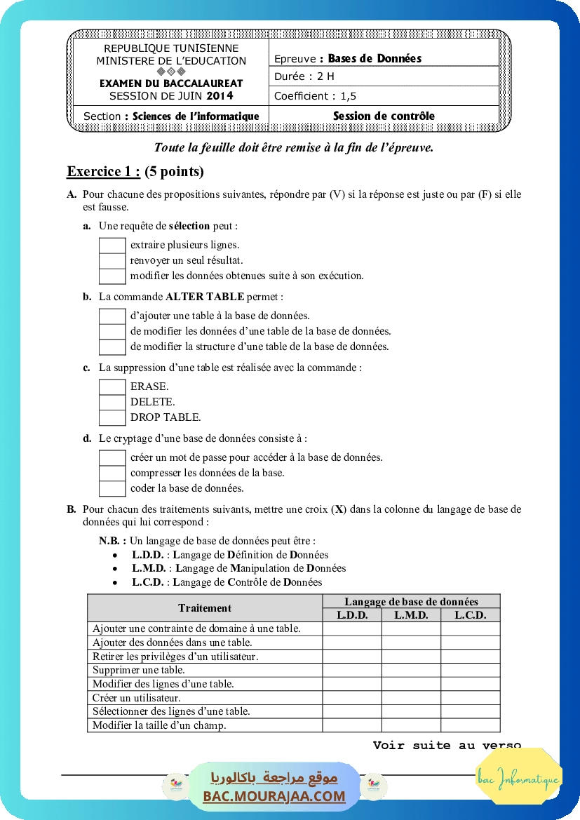 Sujet controle bd Bac 2014 – Section info